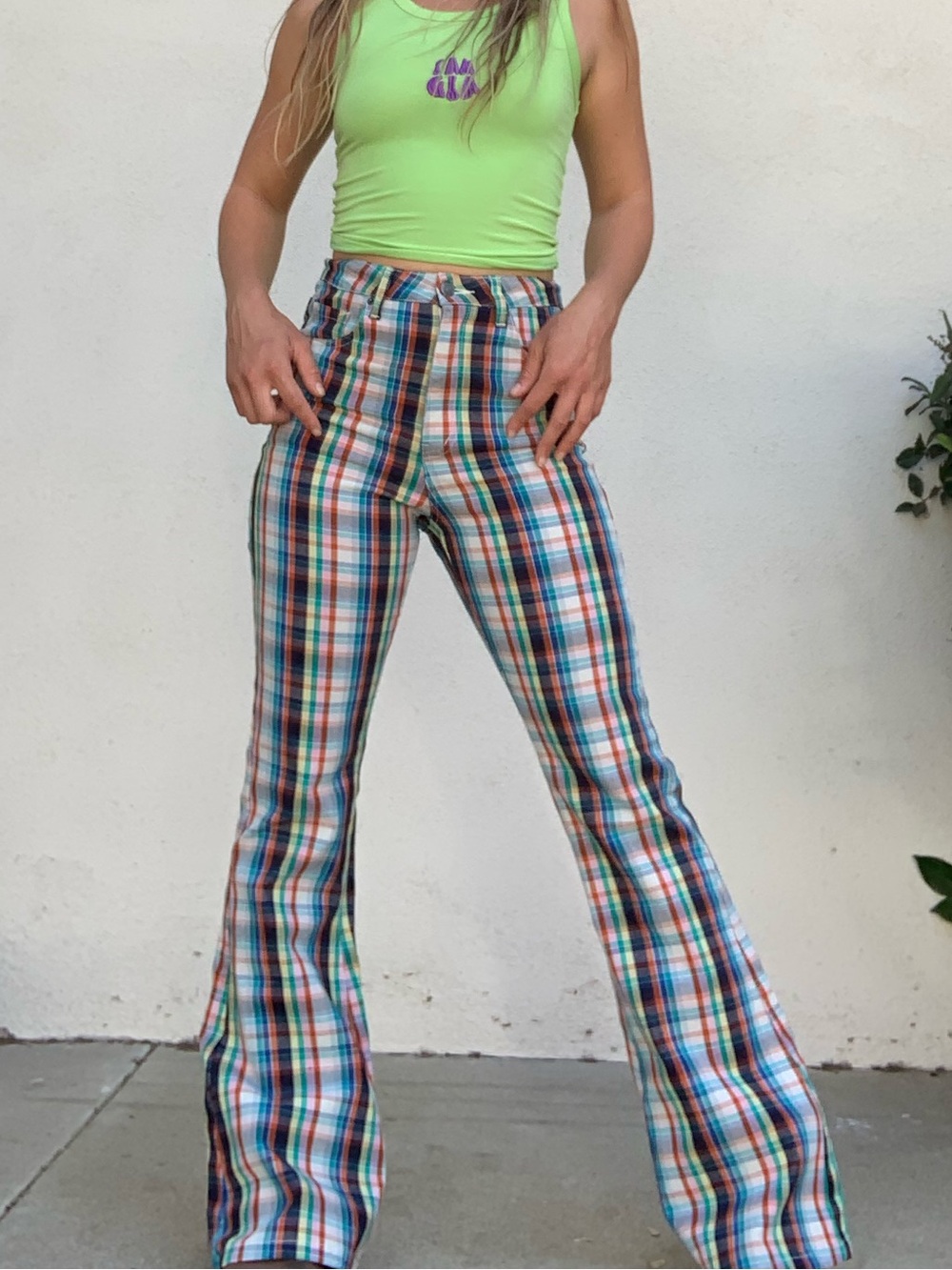 NWT Ghanda Multi-Color Plaid Flare Pants